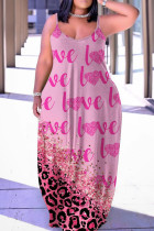 Rose Pink Sexy Casual Letter Print Backless Spaghetti Strap Long Dress Dresses