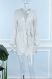 Silver Casual Patchwork Sequins Frenulum V Neck Long Sleeve Dresses
