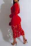 Red Sexy Solid Hollowed Out U Neck Long Sleeve Dresses