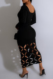 Black Sexy Solid Hollowed Out U Neck Long Sleeve Dresses