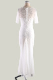 White Elegant Solid Ripped Patchwork Off the Shoulder Evening Dress Dresses