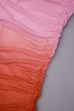 Pink Sexy Casual Gradual Change Print Backless Fold Strapless Long Dress Dresses