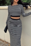 Black Casual Striped Print Backless O Neck Long Sleeve Two Pieces