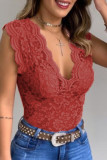 Pink Casual Solid Patchwork V Neck Tops