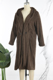 Brown Casual Solid Cardigan Hooded Collar Outerwear