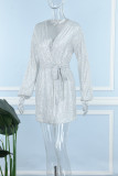 Silver Casual Patchwork Sequins Frenulum V Neck Long Sleeve Dresses