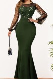 Green Casual Patchwork See-through O Neck One Step Skirt Dresses