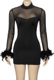 Black Sexy Casual Solid Patchwork See-through Turtleneck Long Sleeve Dresses