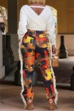 Multicolor Casual Print Patchwork Regular High Waist Conventional Patchwork Trousers