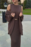 Dark Brown Casual Solid Cardigan O Neck Long Sleeve Two Pieces (Without Belt)