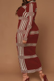 Apricot Casual Striped Patchwork Turtleneck Long Dress Plus Size Dresses