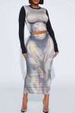 Purple Casual Print Patchwork O Neck Long Sleeve Two Pieces
