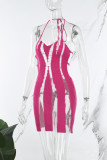 Blue Sexy Color Block Patchwork See-through Backless Halter Wrapped Skirt Dresses