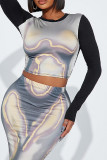 Purple Casual Print Patchwork O Neck Long Sleeve Two Pieces