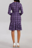 Purple Casual Plaid Print Patchwork Turndown Collar Long Sleeve Dresses