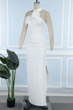 White Sexy Solid Bandage Backless Slit Halter Long Dress Dresses