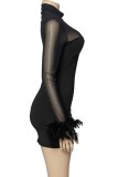 Black Sexy Casual Solid Patchwork See-through Turtleneck Long Sleeve Dresses