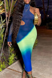 Blue Casual Print Hollowed Out Half A Turtleneck Irregular Dress Dresses