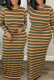 Yellow Casual Striped Slit O Neck Long Dress Dresses