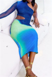 Blue Casual Print Hollowed Out Half A Turtleneck Irregular Dress Dresses