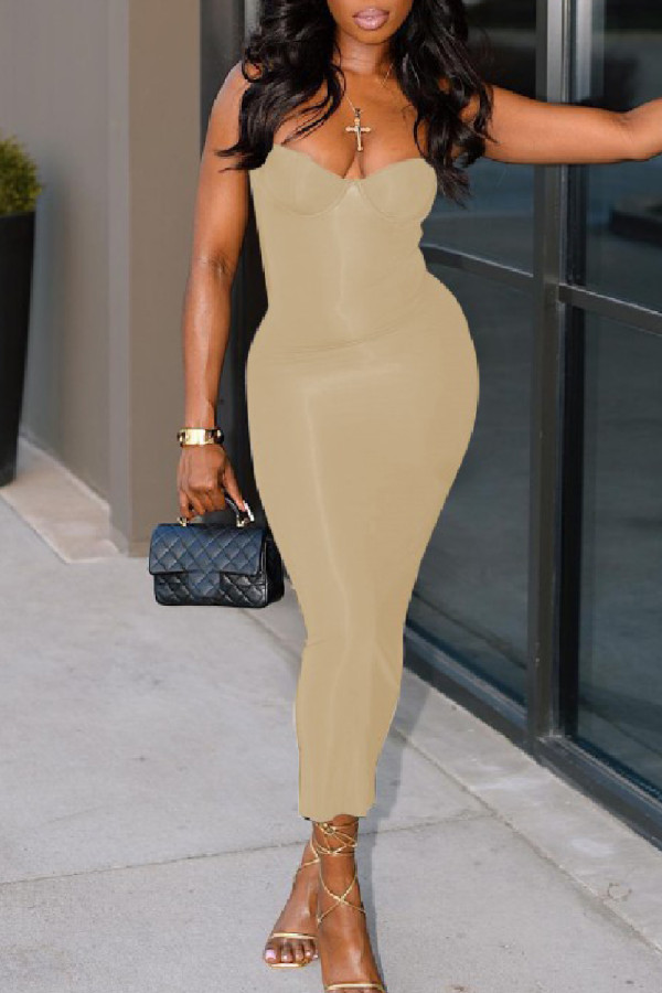 Khaki Sexy Casual Solid Backless Spaghetti Strap Long Dress Dresses