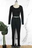 Black Casual Solid Patchwork Buckle U Neck Long Sleeve Two Pieces