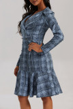 Blue Casual Plaid Print Patchwork Turndown Collar Long Sleeve Dresses