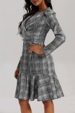 Grey Casual Plaid Print Patchwork Turndown Collar Long Sleeve Dresses