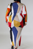 Royal Blue Casual Color Block Patchwork Turndown Collar Printed Dress Plus Size Dresses
