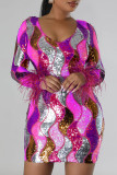 Rose Red Casual Patchwork Sequins V Neck Long Sleeve Dresses