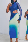 Blue Casual Print Hollowed Out Half A Turtleneck Irregular Dress Dresses