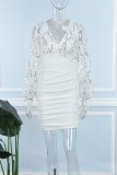 White Sexy Solid Patchwork See-through Fold Beaded V Neck Wrapped Skirt Dresses