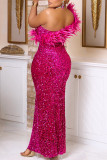 Rose Red Sexy Formal Patchwork Sequins Feathers Backless Slit Oblique Collar Evening Dress Dresses