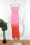 Pink Sexy Casual Gradual Change Print Backless Fold Strapless Long Dress Dresses