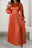 Orange Casual Solid Patchwork Pleated O Neck Long Dress (Without Belt)