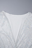 Silver Casual Patchwork Sequins Frenulum V Neck Long Sleeve Dresses