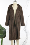 Brown Casual Solid Cardigan Hooded Collar Outerwear