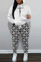 Black White Casual Print Patchwork Hooded Collar Long Sleeve Two Pieces