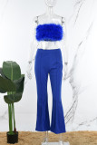 Blue Casual Solid Patchwork Feathers Strapless Sleeveless Two Pieces