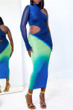 Blue Casual Print Hollowed Out Half A Turtleneck Irregular Dress Dresses