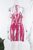 Blue Sexy Color Block Patchwork See-through Backless Halter Wrapped Skirt Dresses