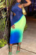 Blue Casual Print Hollowed Out Half A Turtleneck Irregular Dress Dresses