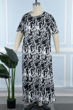 Black Casual Print Patchwork Pocket O Neck Printed Dress Plus Size Dresses