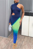 Blue Casual Print Hollowed Out Half A Turtleneck Irregular Dress Dresses