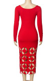 Red Sexy Solid Hollowed Out U Neck Long Sleeve Dresses