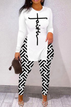 Black White Casual Print Slit O Neck Long Sleeve Two Pieces