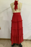 Red Casual Solid Bandage Backless Halter Long Dress Dresses
