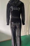 Grey Casual Street Letter Rhinestone Hooded Collar Long Sleeve Two Pieces