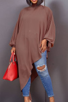 Brown Casual Solid Asymmetrical Turtleneck Long Sleeve Plus Size Dresses