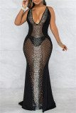Black Sexy Patchwork Hot Drilling See-through Backless Spaghetti Strap Long Dress Dresses